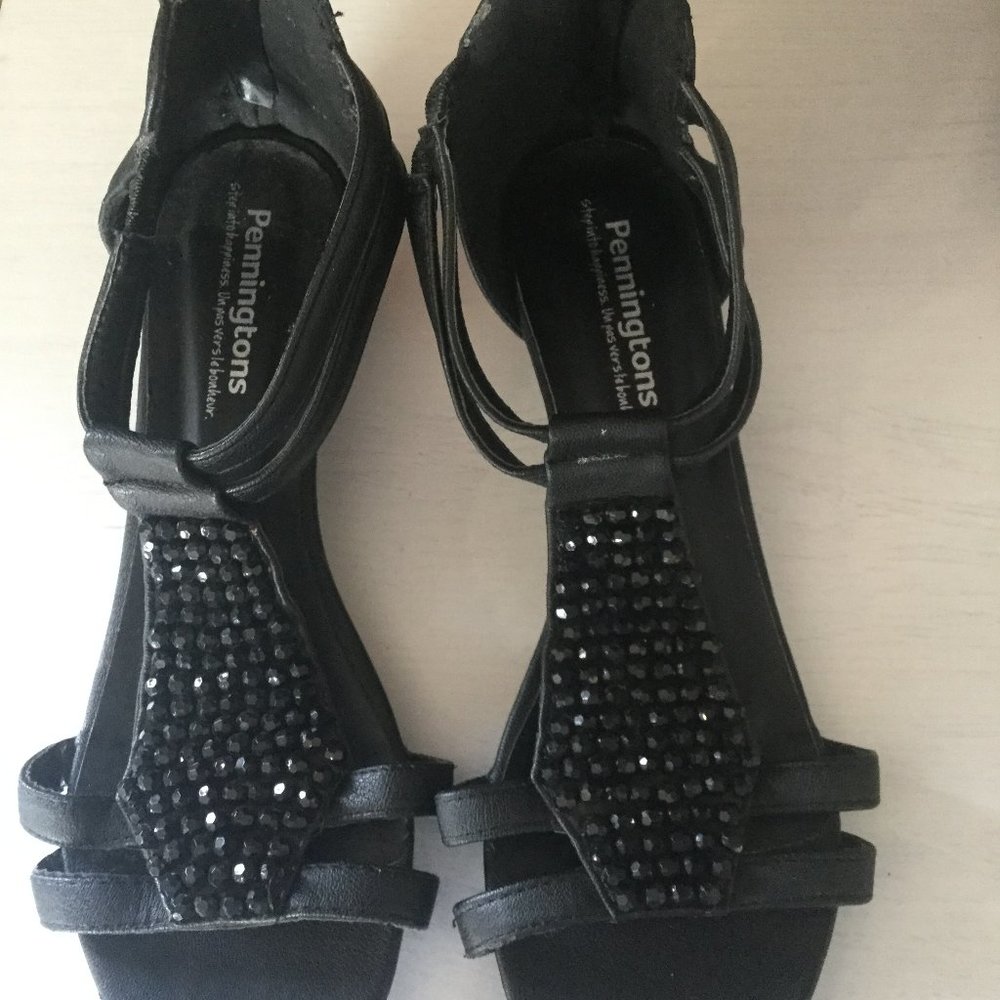 Penningtons black with bling sandals, size 8W, zip back